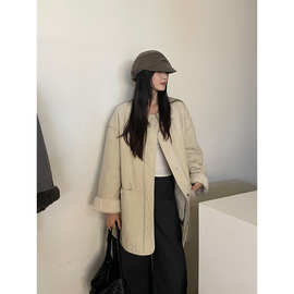 元派bluepops2025冬季新款毛绒棉服宽松中长款圆领保暖外套W2389