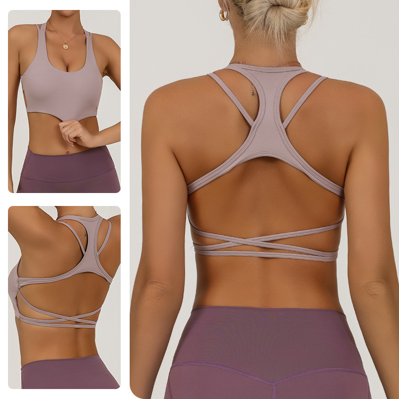 Bra de fitness transfronterizo barra con almohadilla de pecho desnuda yoga de belleza de espalda alta elástica chaqueta de secado rápido