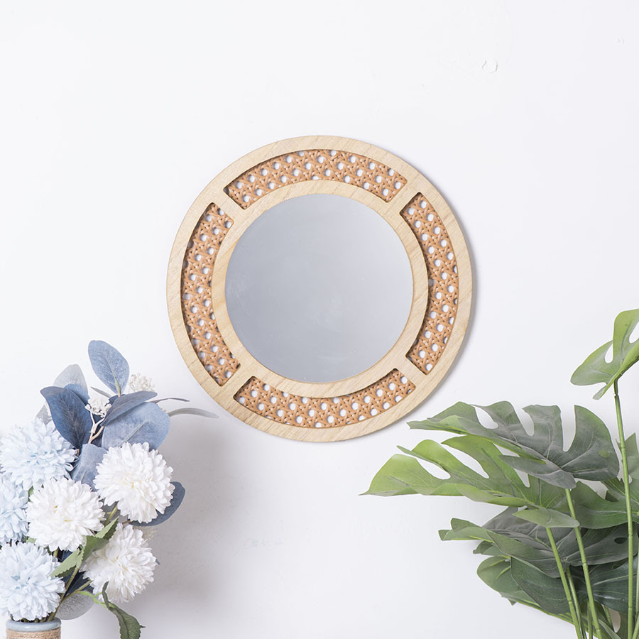 Espejo decorativo creativo, tejido de imitación de ratán, adornos hechos a mano, hotel, casa de familia, sala de estar, porche, pared, espejo de maquillaje redondo