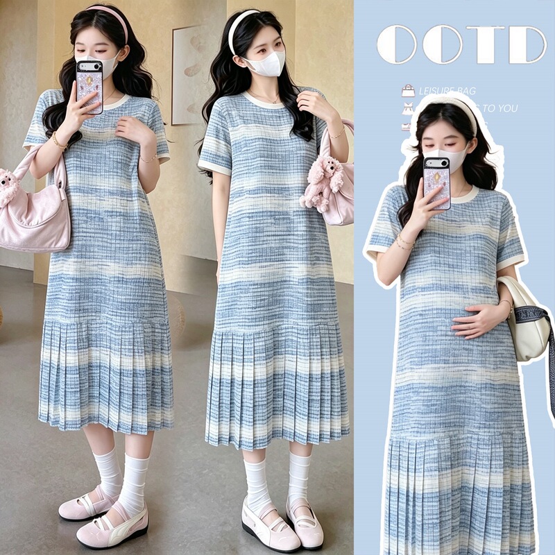 Real Shot of Maternity Wear 2026 Summer New Thin Long Dress with Gentle Temperament and Slimming Effect, Ice-Cool Cool-Toned Aqua Blue