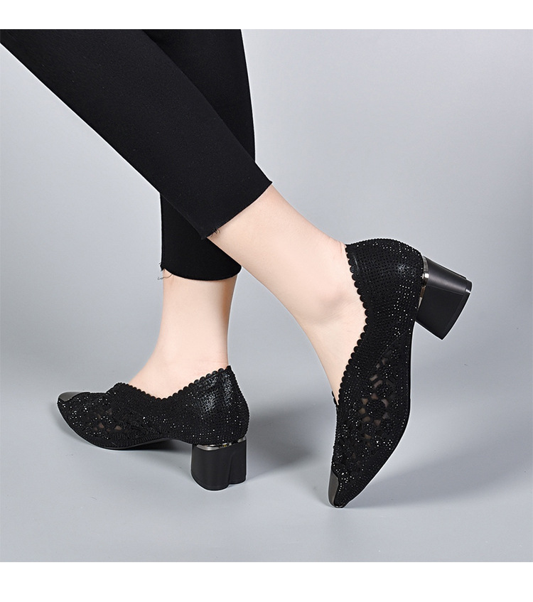 Giày sandal cao gót nữ đính đá lưới thoáng khí gót thấp — Màu đen chi tiết 4