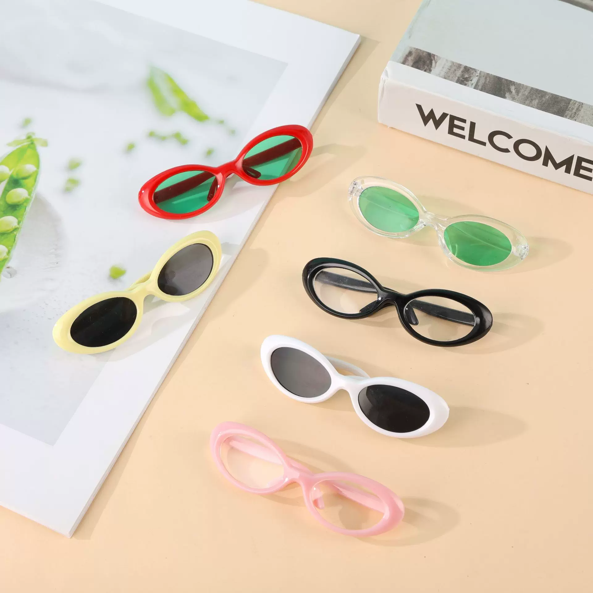 20厘米棉花娃娃眼镜 椭圆形墨镜 炫酷眼镜 拍照道具公仔配件