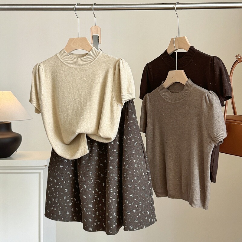 European-style chic half-high collar silver thread short-sleeve knit top for women, new early autumn puff-sleeve base layer short top