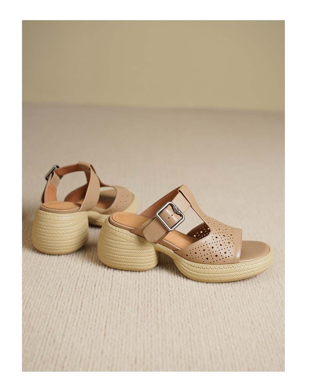 Sandal nữ da bò cao gót quai chữ T đế dày — đen chi tiết 18