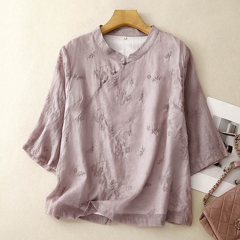 2025 летний новый ретро этнический стиль литературная вышивка свободная повседневная стоячий воротник рубашка с рукавом топ женский