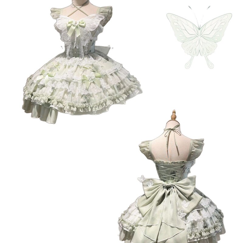 花の季節の約束白と緑の蝶サマーフェアリードレス小さな新鮮なプリンセスガール誕生日ショートスカートロリータ|undefined