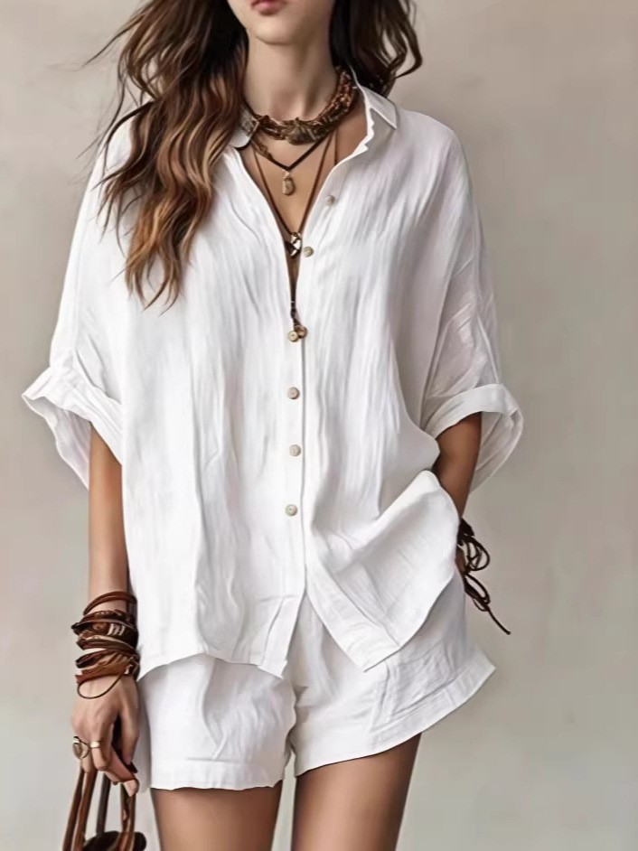 Women's Fashion Casual Suit Solid Color Loose Button Down Shirt And Shorts Spring/Summer New Style Clothing_ecoleips.com