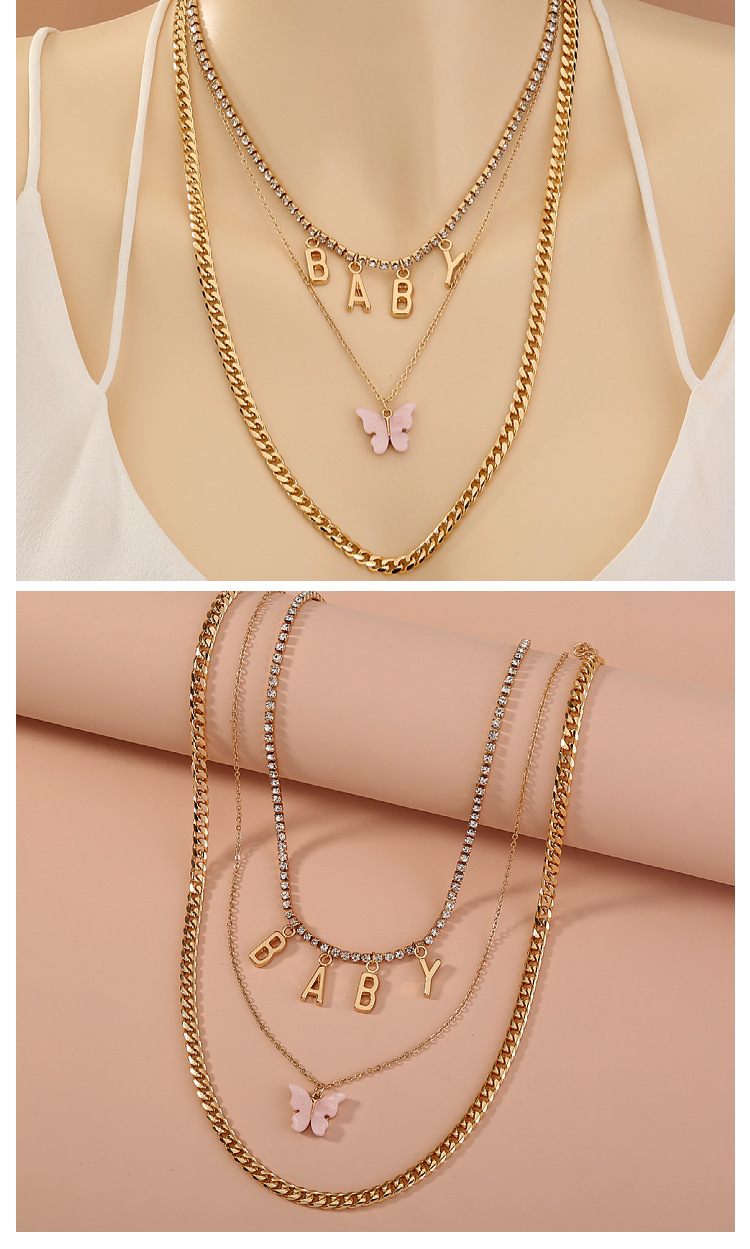 Collier Multicouche Avec Pendentif Lettre Papillon Acrylique Rose Simple display picture 4