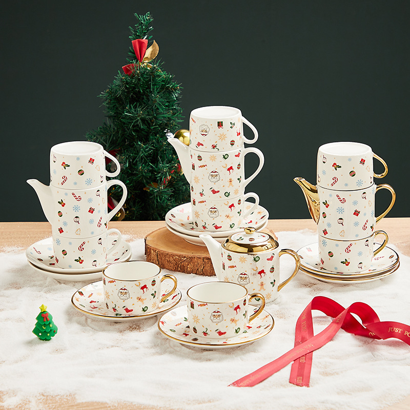 Amazon Venta caliente chapado en oro juego de té de cerámica traje de regalo de Navidad una olla y dos tazas ins taza y platillo logotipo imprimible