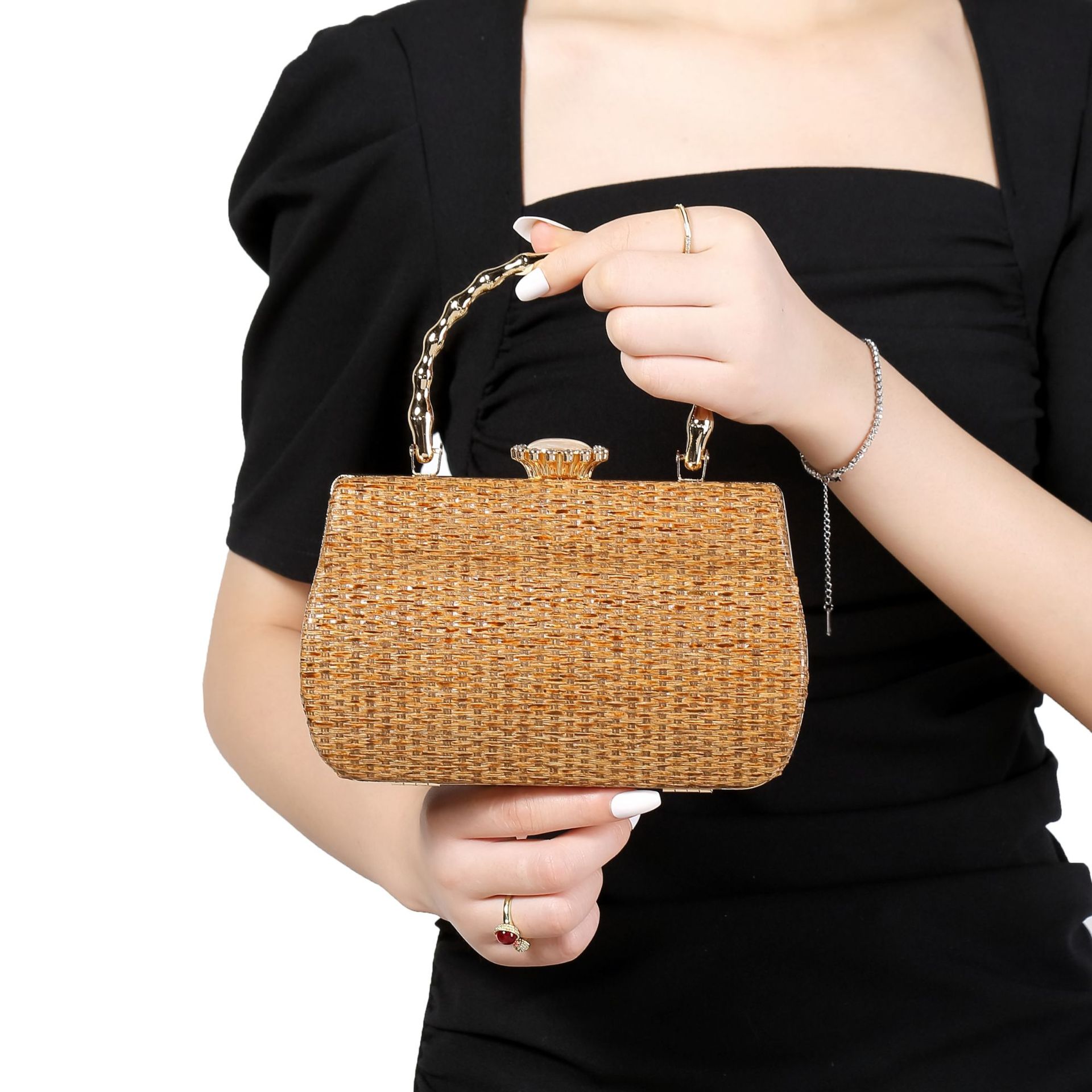 322g Weight Lock clasp Closure Type Ring Handle, Chain Strap Type Evening Bag, Box bag Bags Type Casual Occasion Straw Material Solid Color Pattern All Seasons Season Women's Gender Elegant Style Square Shape Women's Straw Solid Color Elegant Square Lock Clasp Evening Bag Box Bag 1