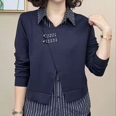 一件代发直播爆款2025秋季新款时尚假两件宽松洋气开衫气质打底衫