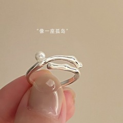 簡約甜美珍珠戒指女幾何線條交叉氣質S925銀開口指環疊戴食指戒潮