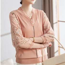 中老年女装秋冬洋气纱袖小衫2024新款妈妈秋装薄款V领针织衫上衣