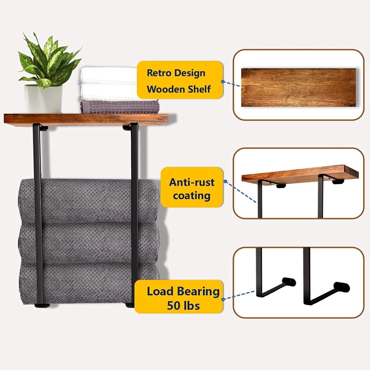 Transfronterizo nuevo marco de almacenamiento de toallas tablero de madera pared metal marco de toallas de baño toallas de baño estante de toallas de baño