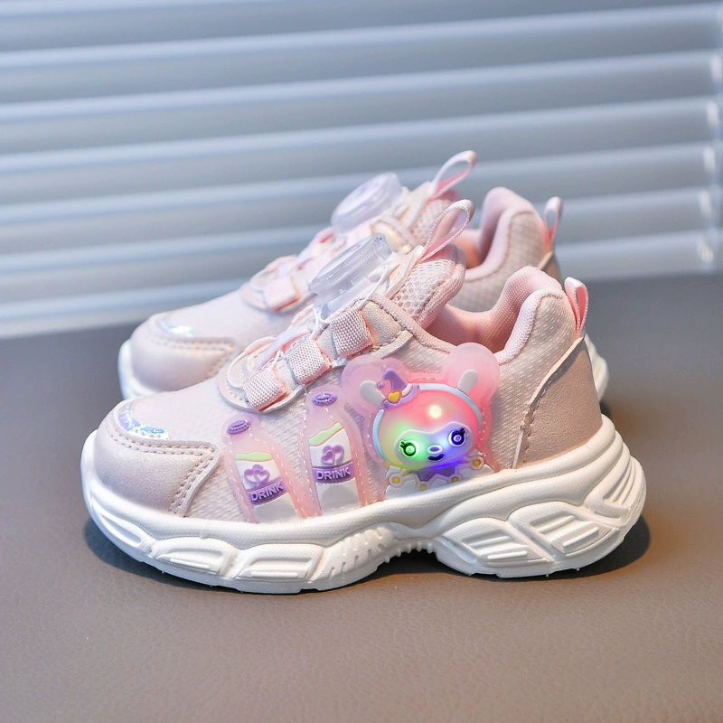 Кроссовки для детей с лампой 2025 весна новая липучка сетка дышащая мягкая подошва светящаяся мультяшная принцесса беговая обувь