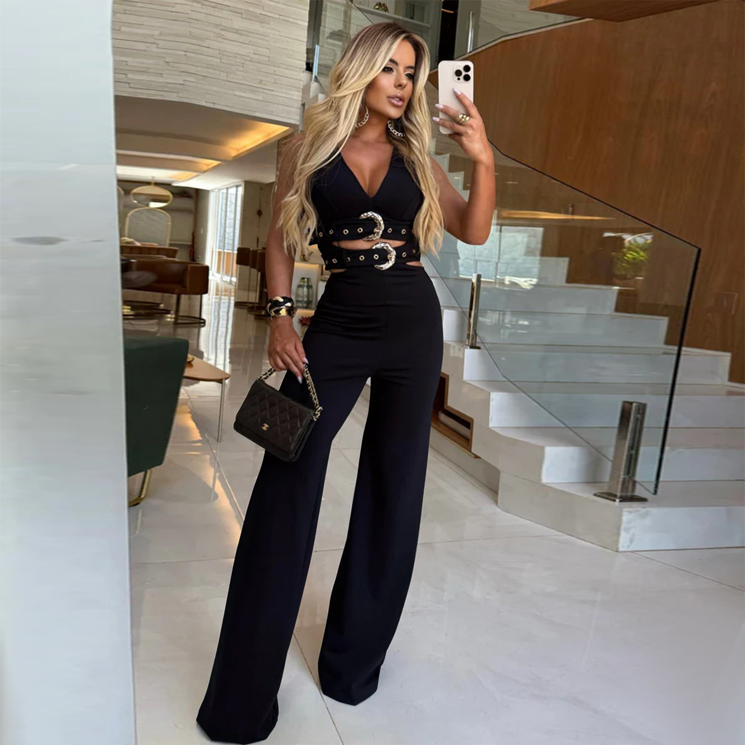 C7499 Aliexpress transfronterizo Amazon ropa de moda europea y americana de mujer cuello en v decoración cinturón de abrazadera pantalón conjunto