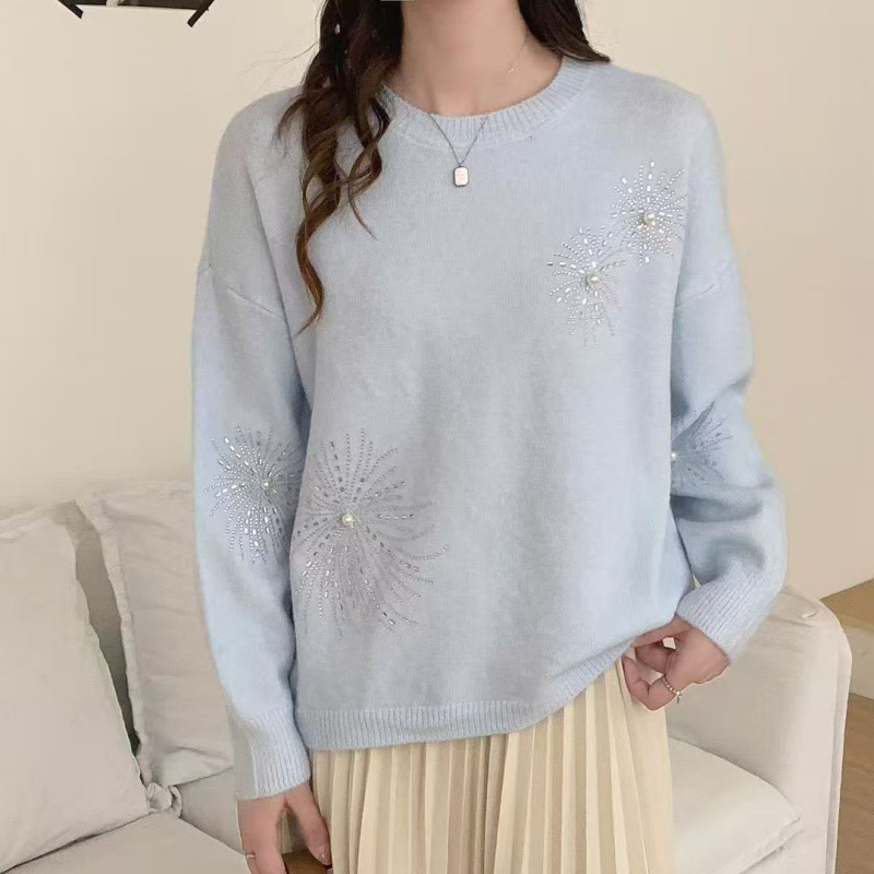 韩系小众设计感烟花烫钻毛衣女2025春季新款宽松显瘦减龄针织上衣|undefined