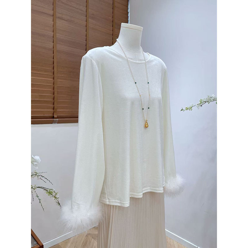 Velvet New Chinese Style Ostrich Feather Long-Sleeved T-Shirt Top: High-End and Elegant Base Layer for Autumn/Winter 2025