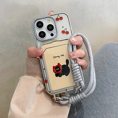 かわいい黒猫メッキのストラップのカードケースはiPhone16/15携帯ケースリンゴ14pro保護カバーに適している