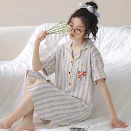 纯棉开衫翻领女生短袖睡裙可爱卡通可外穿全棉女裙中长款口袋睡裙