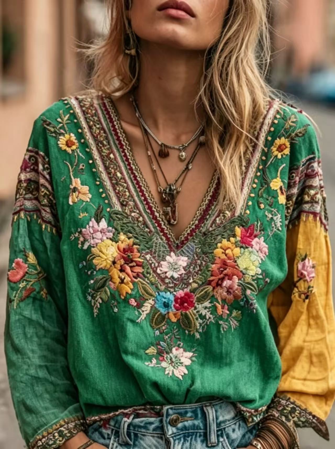 European And American Women's Casual Retro Bohemian V-neck Top Ethnic Style Long Sleeves_ecoleips.com