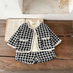 2023ins春裝嬰幼兒童女寶寶粗呢格子長袖衫開外套+短褲子兩件套裝