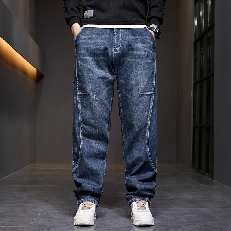 Summer Thin Spliced ​​Elastic Plus Size Jeans Plus Size Men's Loose Straight Trousers Nine-Point Long Trousers