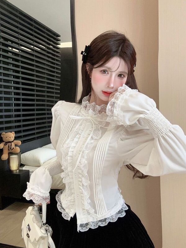 Shanli Dadi Little Chanel Style Flared Puff Sleeve Shirt for Women, Autumn/Winter French Court Style Half-Turtleneck Lace Top