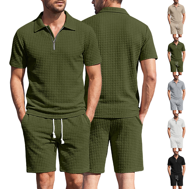 Transfronterizos Amazon verano nuevo hombre pequeño cuadrícula polo camisa de manga corta pantalones cortos trajes deportivos casuales