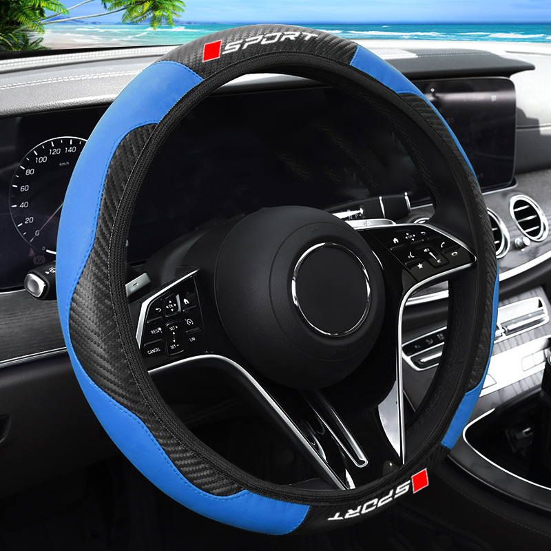 New Car Steering Wheel Cover with High-End Leather Carbon Fiber Pattern and Sporty Lettering, Suitable for All Seasons