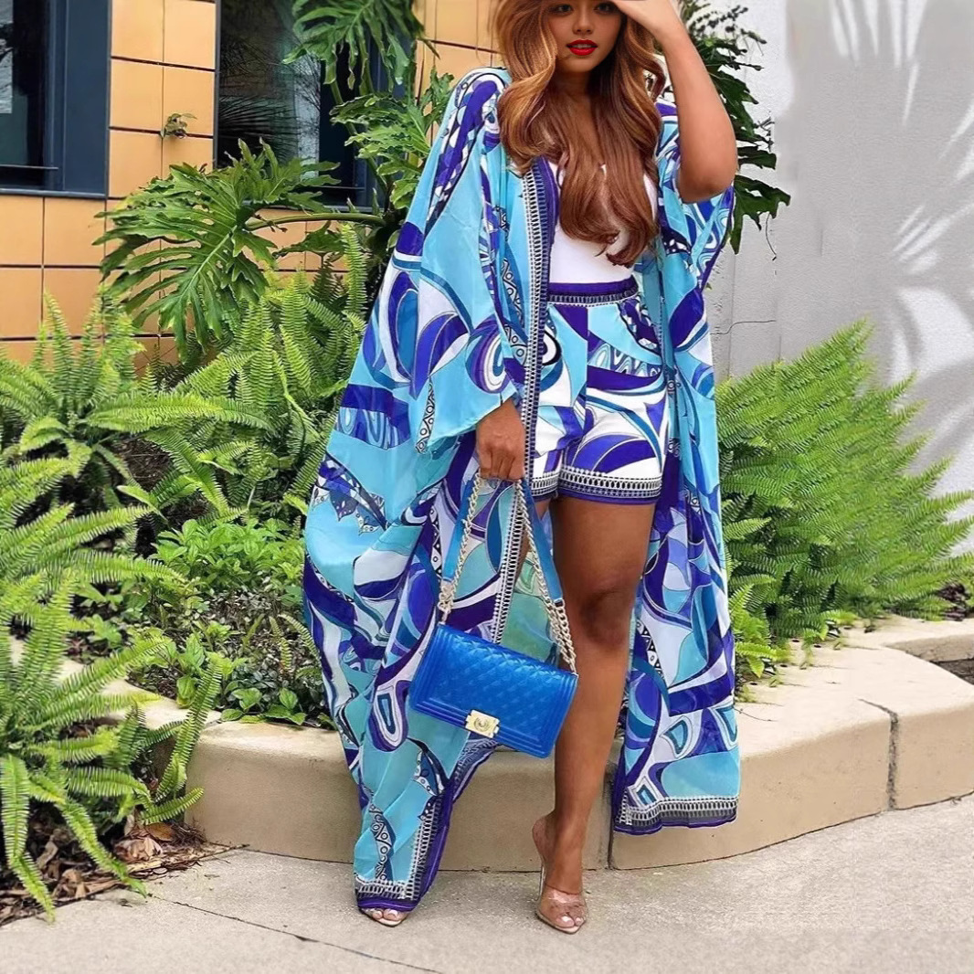 夏季欧美新款亚马逊独立站爆款印开衫和短裤套装女两件套外穿