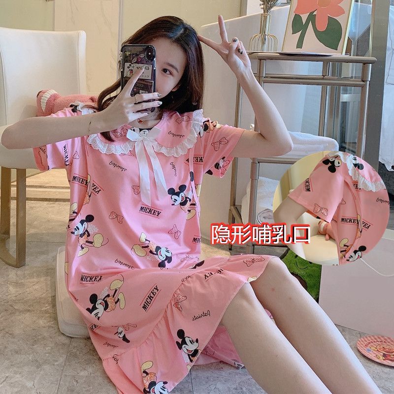 マタニティドレス授乳通気性夏半袖パジャマ授乳ネグリジェ吸汗性産後服産後薄い夏|undefined