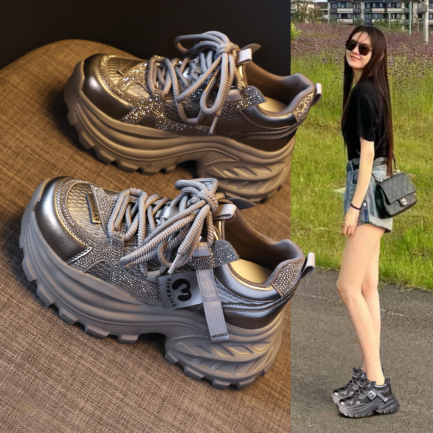 Giày sneaker nữ đế dày tăng chiều cao đính đá pha lê phong cách thể thao — màu đen
