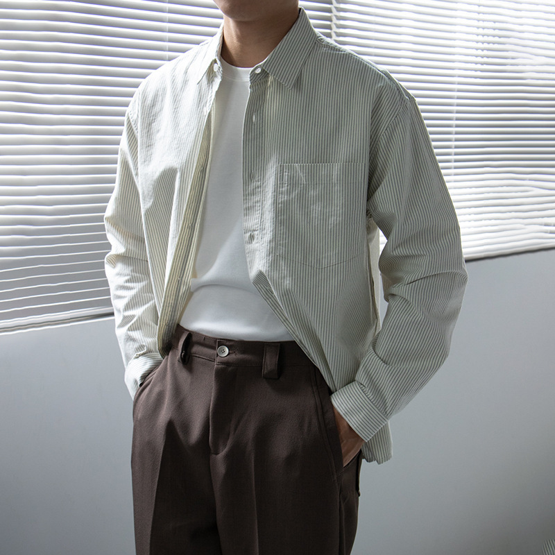 Minimalist Fine Striped Pocket Shirt for Men, Long-Sleeve Casual Autumn Japanese-Style Loose Men's Shirt Minimalist Fine Striped Pocket Shirt for Men, Long-Sleeve Casual Autumn Japanese-Style Loose Men's Shirt