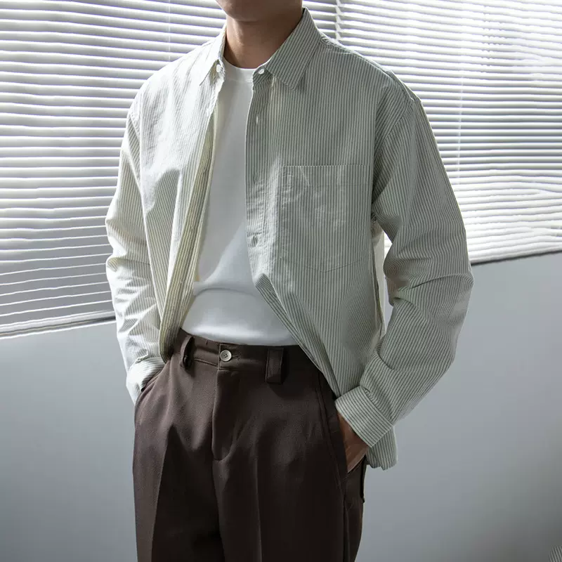 麦加仑简约细条纹口袋衬衫男长袖休闲秋季日系宽松男士衬衣衬衫