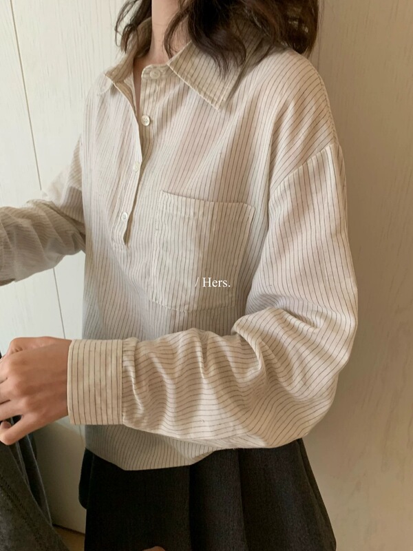 A touch of sweetness: [Her] minimalist Japanese-style striped shirt, 2026 autumn collection, long-sleeved top for women