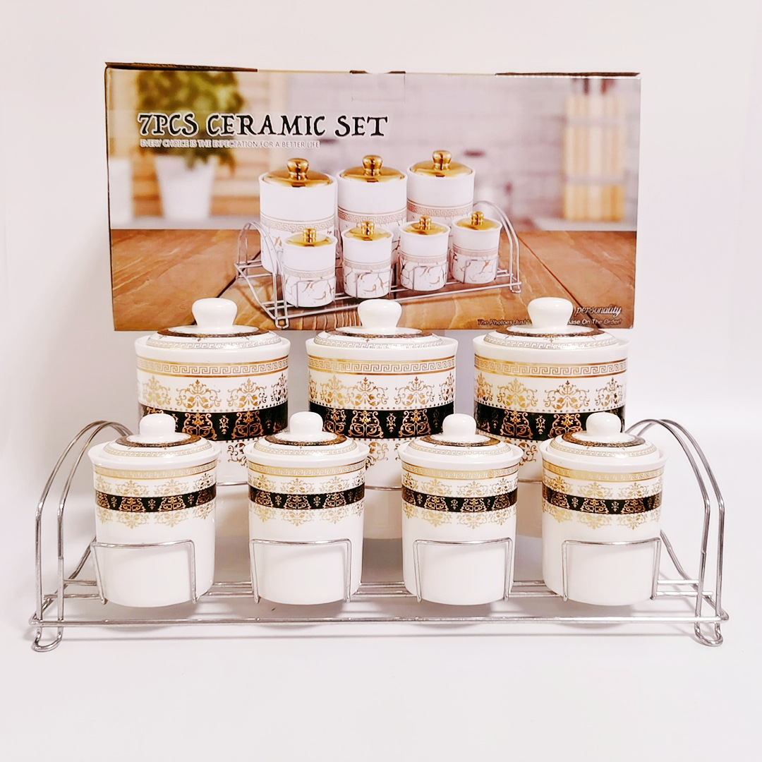 Exportar a Oriente Medio Arabia Saudita cerámica galvanoplastia cilíndrica condimento tarro almacenamiento café tarro con marco de hierro de doble capa