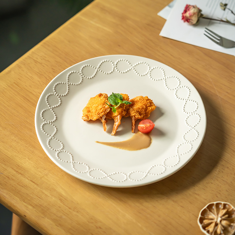 Plato de cerámica simple de bobina de perlas, plato de carne, plato de pasta, plato de desayuno, plato de curación casera