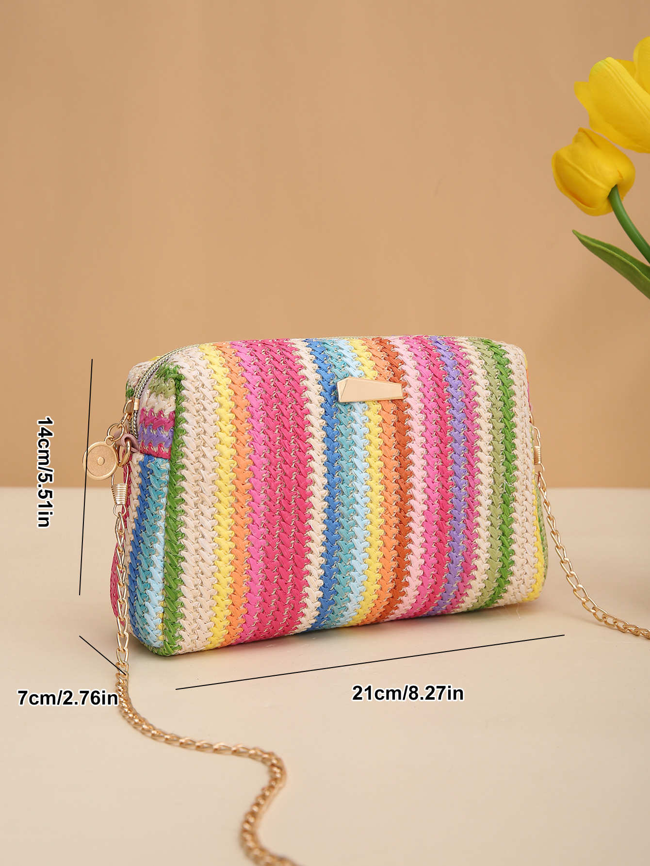 Rainbow straw bag 2023girl handbags woven camera bag versatile girls messenger bag chain bag_voghion.com