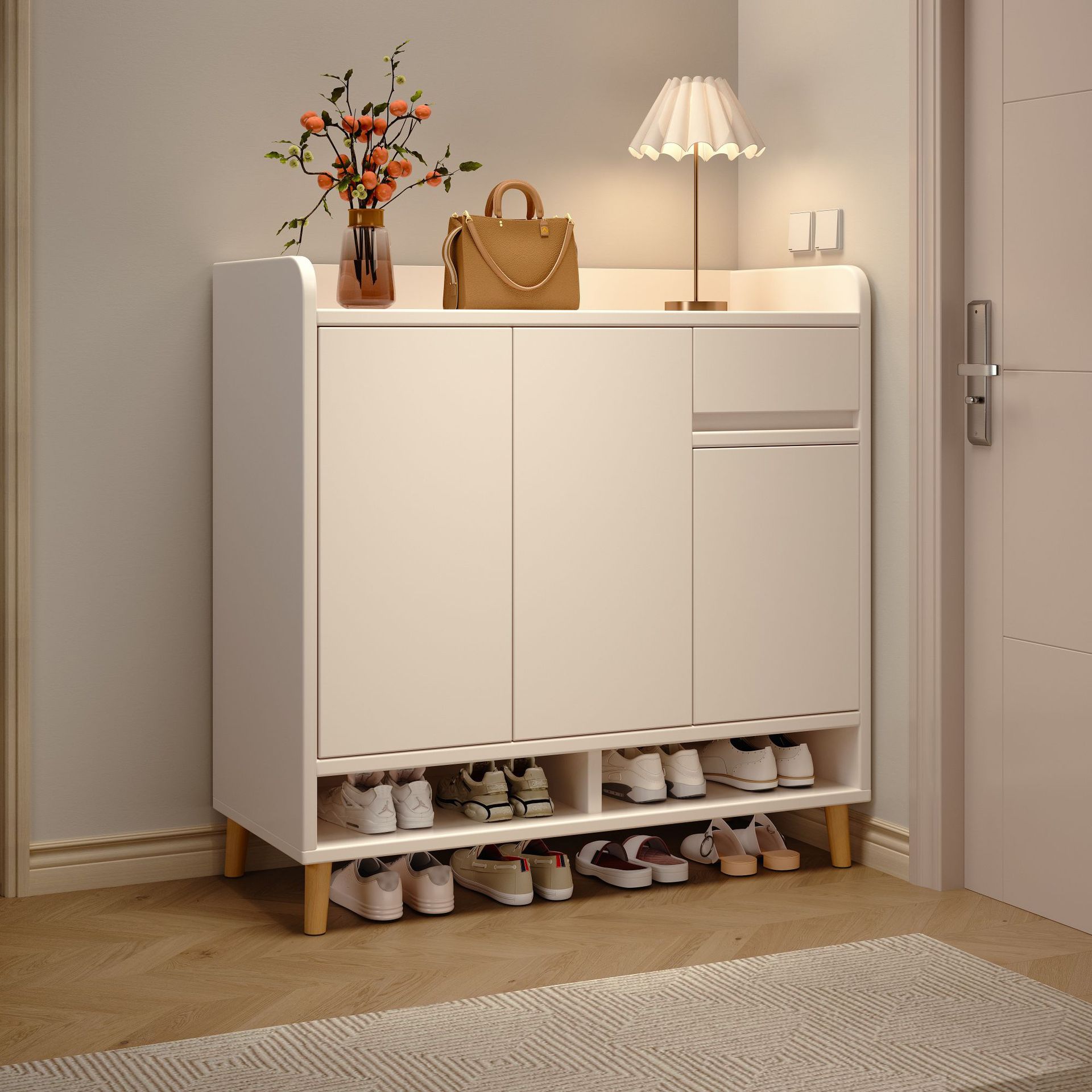 Gabinete de zapatos pequeño puerta estrecha gabinete de almacenamiento interior doméstico integrado contra la pared 2026 nuevo tipo de casa pequeña rack de zapatos de almacenamiento multicapa