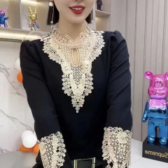 工艺蕾丝拼接设计蕾丝长袖修身高弹力高档洋气打底衫百搭气质女装
