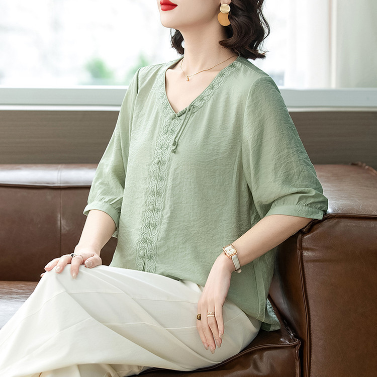 Lace Shirt/Chiffon Shirt 2026 Solid Color Cotton and Linen Women's Clothing for Middle-Aged and Elderly, Half-Sleeve Blouse, Loose Plus-Size T-Shirt