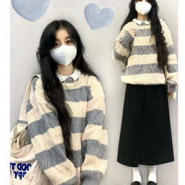 日系简约条纹奶呼呼毛衣女秋冬奶系外穿宽松慵懒风软糯针织衫上衣