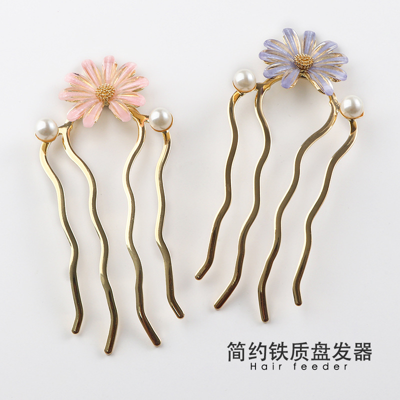 盤發頭飾品發梳插梳簪子u型髮簪髮簪鳳釵後腦勺發插頭飾花朵古風