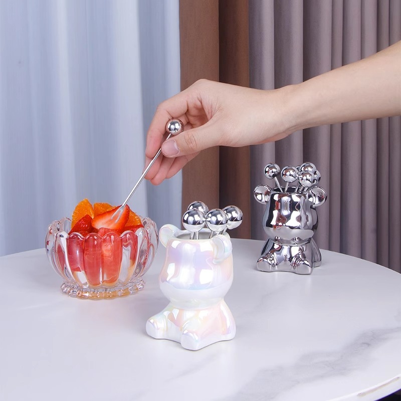 フルーツフォークステンレス鋼セット家庭用食器クリエイティブかわいいセラミッククマ保存瓶フルーツピックフルーツインサート|undefined