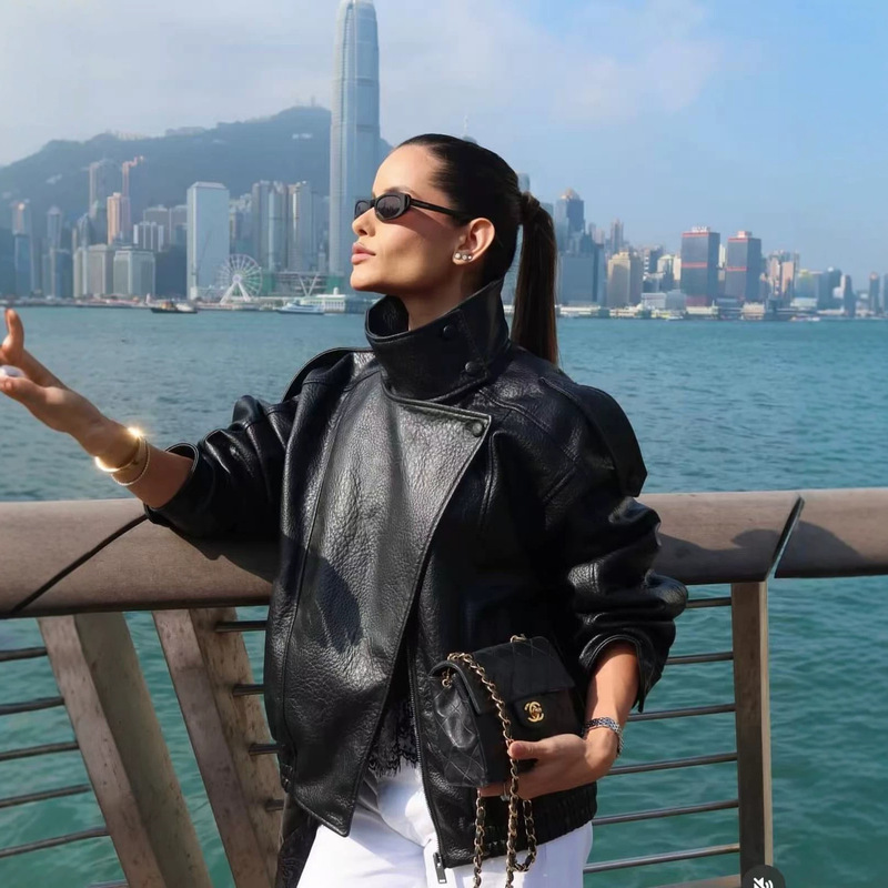 European and American cross-border stand-up collar lychee pattern PU motorcycle leather jacket for women, casual versatile loose fit with dropped shoulders, available for dropshipping