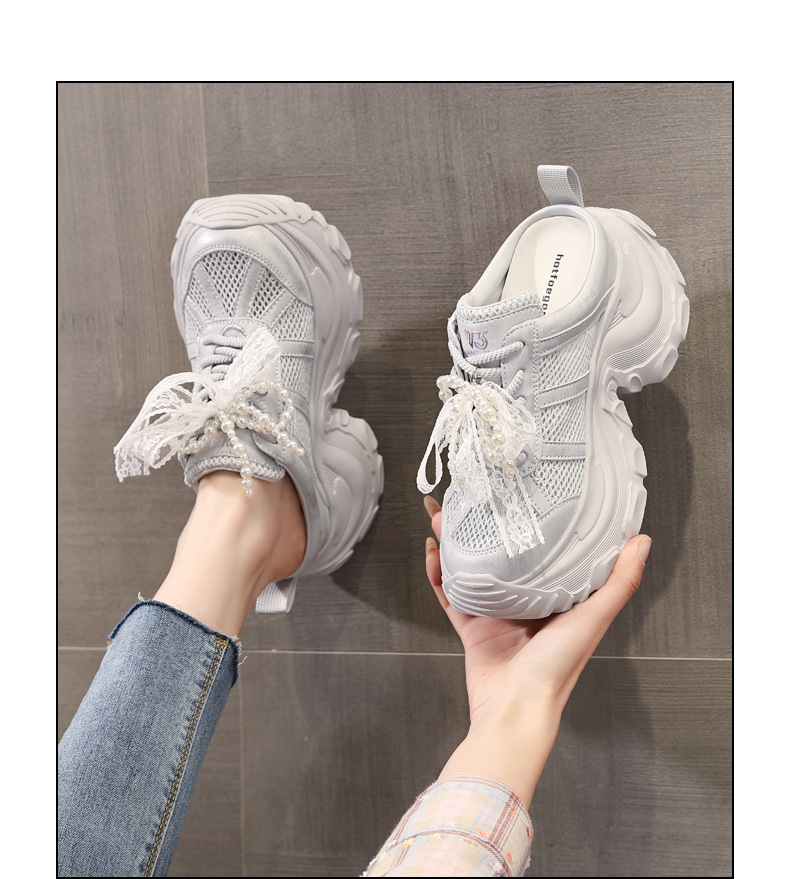 Dép lê bít mũi sneaker nữ đế dày tăng chiều cao mặt lưới thoáng khí — Màu trắng, Màu bạc chi tiết 14
