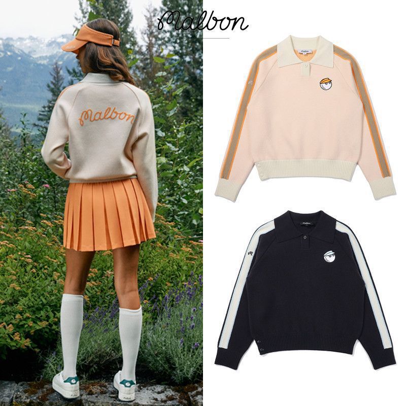 Korean Golf Clothing 24 Years Women's Autumn and Winter Color-Blocked Logo Pattern Button Lapel Knitwear Loose Long Sleeves