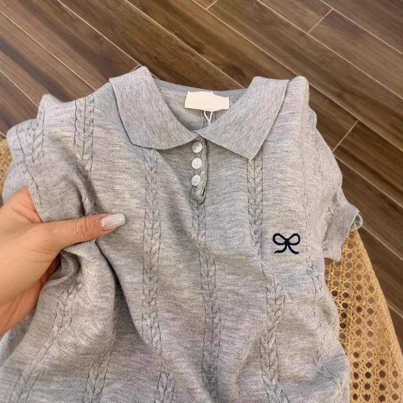 Summer Bowknot Embroidered Thin Ice Silk Short-Sleeve Knit Shirt for Women 2026 New Korean Style Polo Shirt Top Summer Bowknot Embroidered Thin Ice Silk Short-Sleeve Knit Shirt for Women 2026 New Korean Style Polo Shirt Top