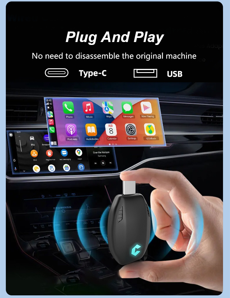 Airplane mirror CarPlay wired to wireless box Android Auto car machine interconnection box TYPE-C adapter